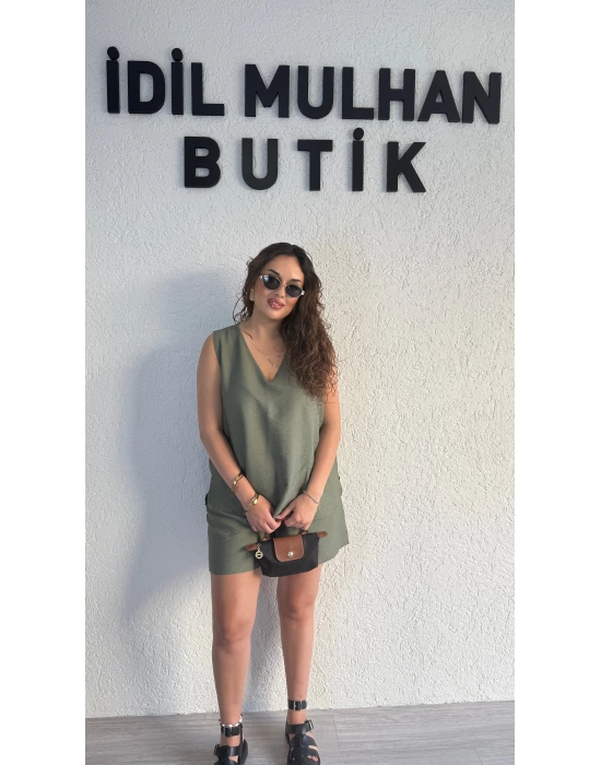 Haki Keten Şortlu Takım