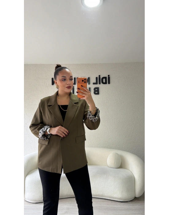 Haki Leopar Detaylı Blazer Ceket