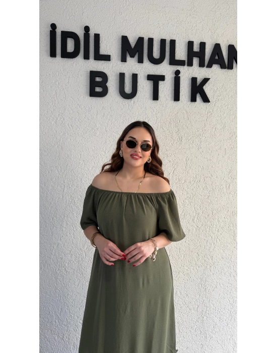 Haki Madonna Yaka Etek Ucu Fırfırlı Elbise