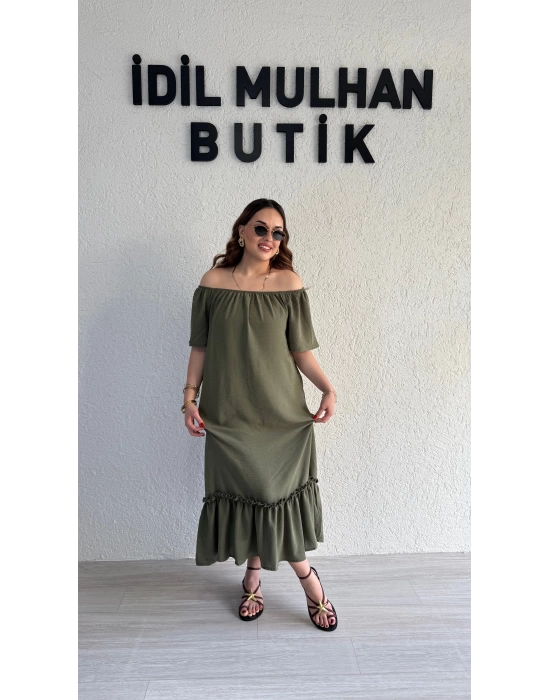 Haki Madonna Yaka Etek Ucu Fırfırlı Elbise
