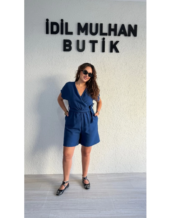 İndigo Mavi Keten Aerobin Şortlu Tulum