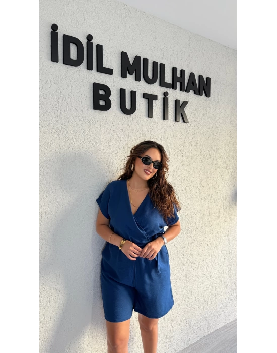 İndigo Mavi Keten Aerobin Şortlu Tulum