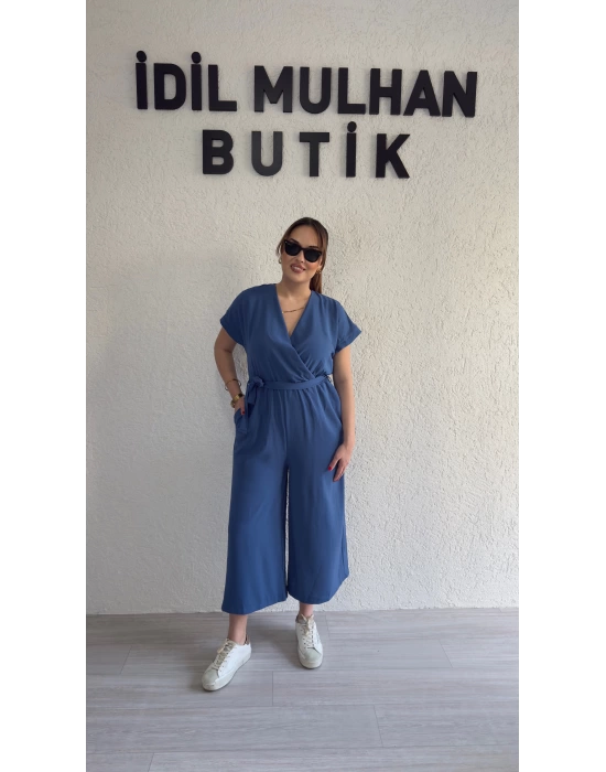 İndigo Mavisi Kruvaze Kesim Viskon Tulum