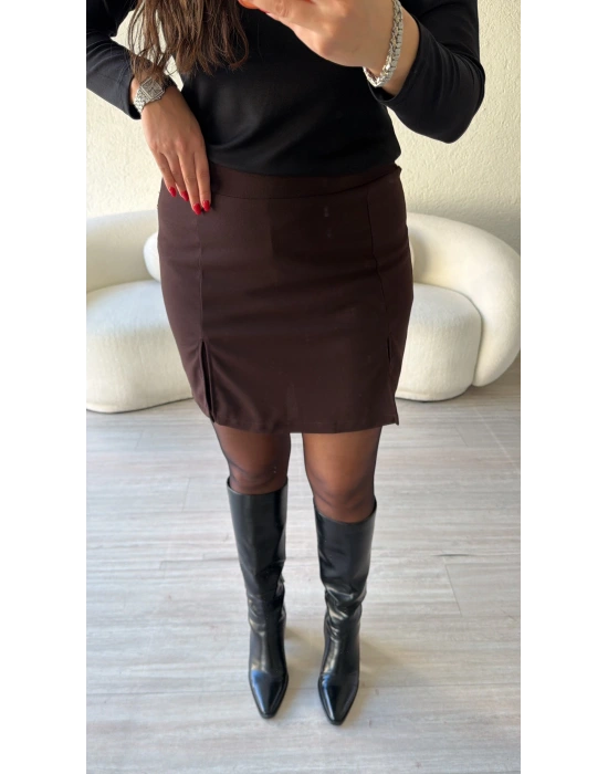 Kahve Çift Yırtmaçlı Şort Etek