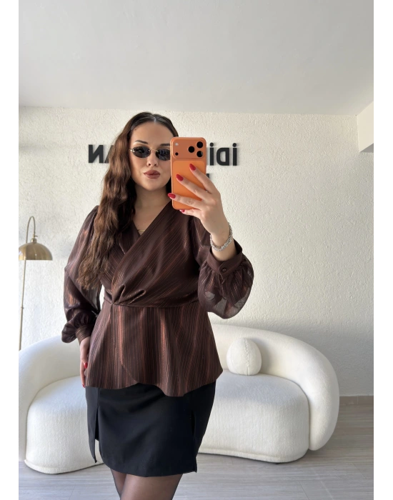 Kahve Işıltılı Kruvaze Bluz