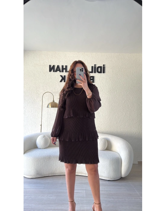 Kahve Şifon Kol Piliseli Elbise