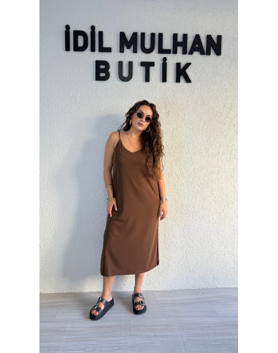 Kahverengi Askılı Elbise