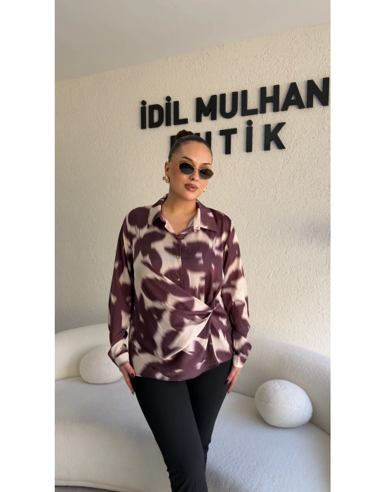 Kahverengi Bağlama Detaylı Batik Desenli Bluz