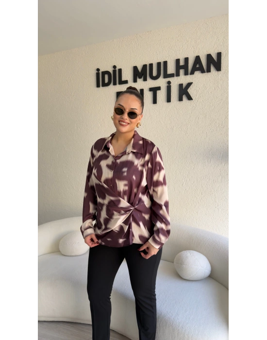 Kahverengi Bağlama Detaylı Batik Desenli Bluz