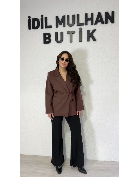 Kahverengi Bağlama Detaylı Blazer Ceket