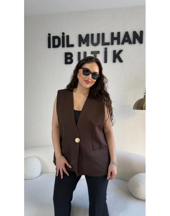 Kahverengi Gold Tek Düğme Detaylı Yelek