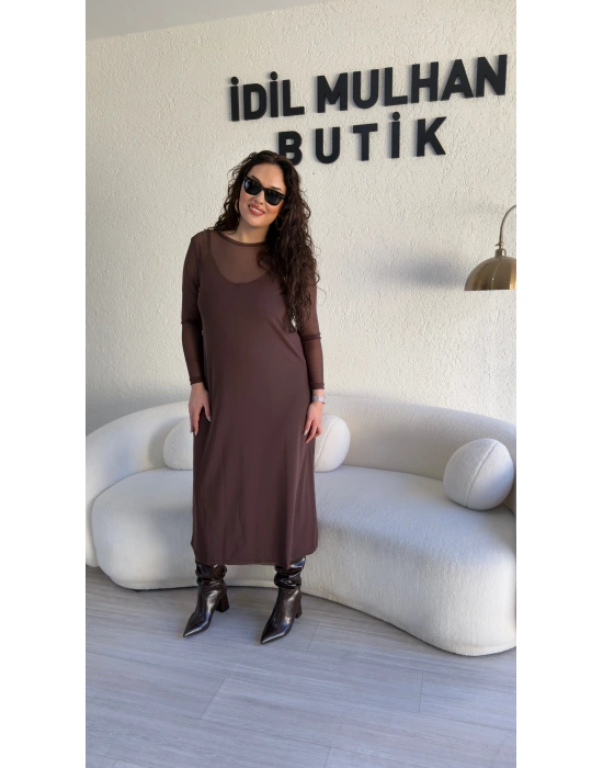 Kahverengi İkili Tül Elbise Takım