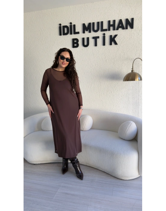 Kahverengi İkili Tül Elbise Takım