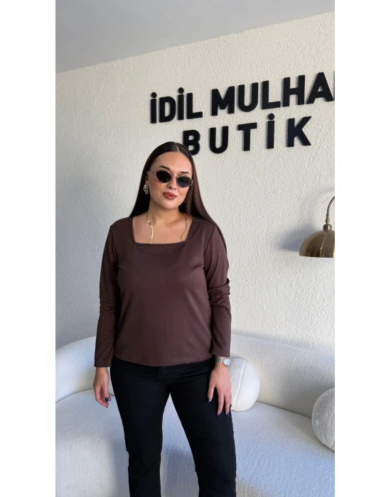 Kahverengi Kare Yaka Oysh Kumaş Bluz
