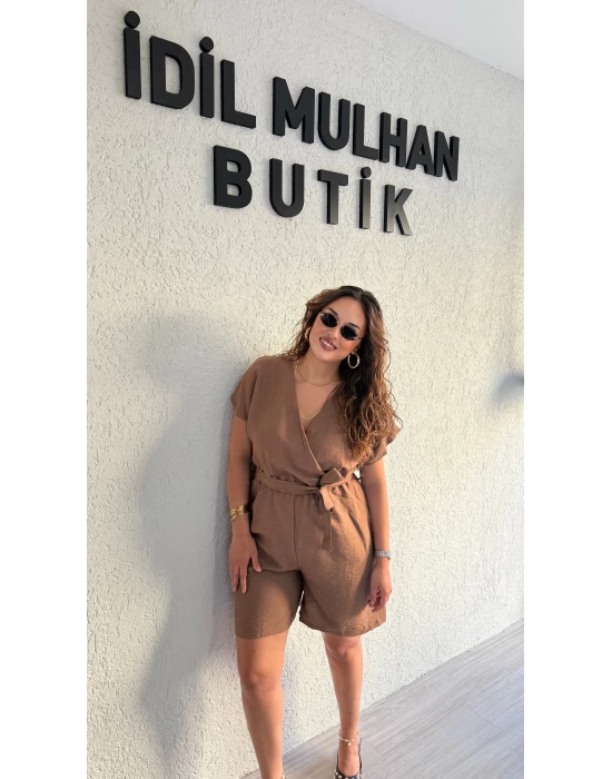 Kahverengi Keten Aerobin Şortlu Tulum