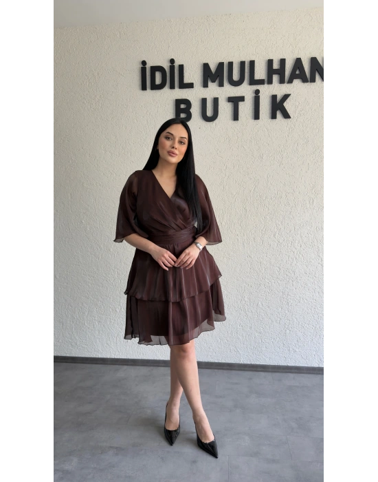 Kahverengi Kruvaze Yaka Kat Kat Elbise