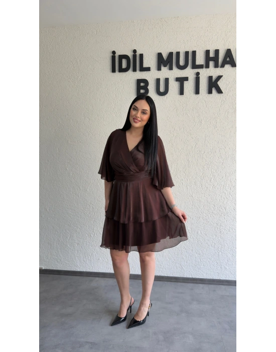 Kahverengi Kruvaze Yaka Kat Kat Elbise