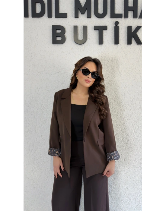 Kahverengi Leopar Detaylı Blazer Ceket