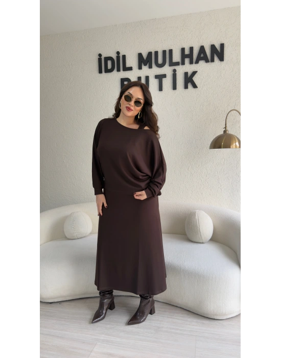 Kahverengi Oysh Kumaş İkili Elbise