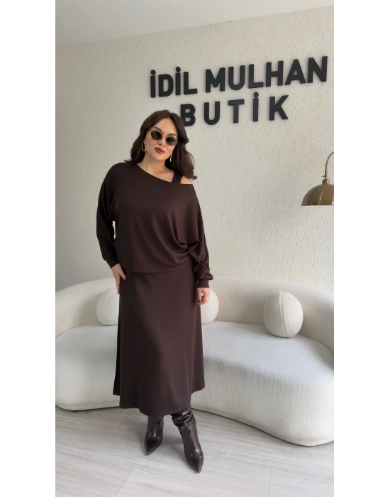 Kahverengi Oysh Kumaş İkili Elbise