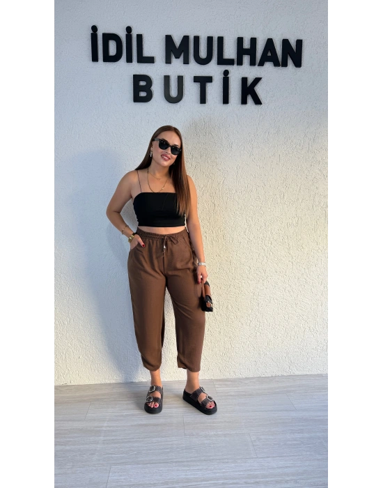 Kahverengi Keten Şalvar Pantolon