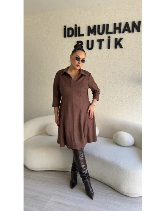 Kahverengi Scuba Nubuk Godeli Elbise