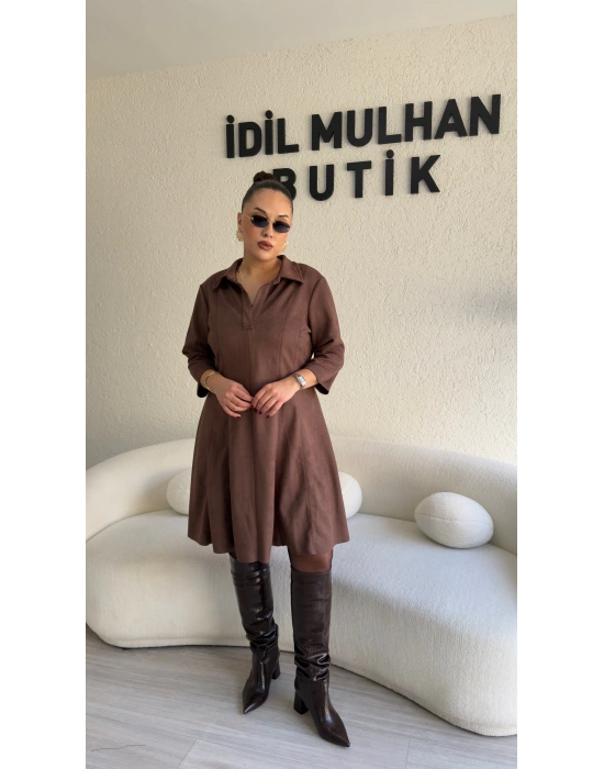 Kahverengi Scuba Nubuk Godeli Elbise