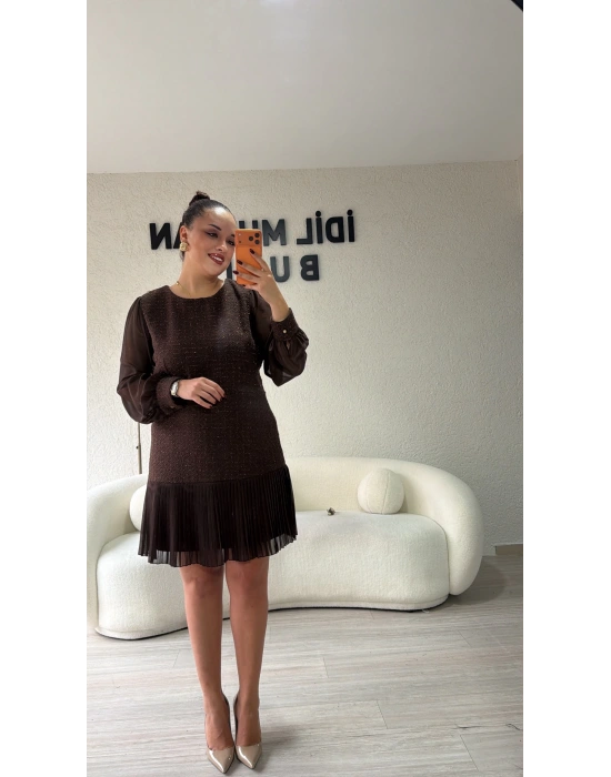 Kahverengi Sim Dokulu Piliseli Elbise