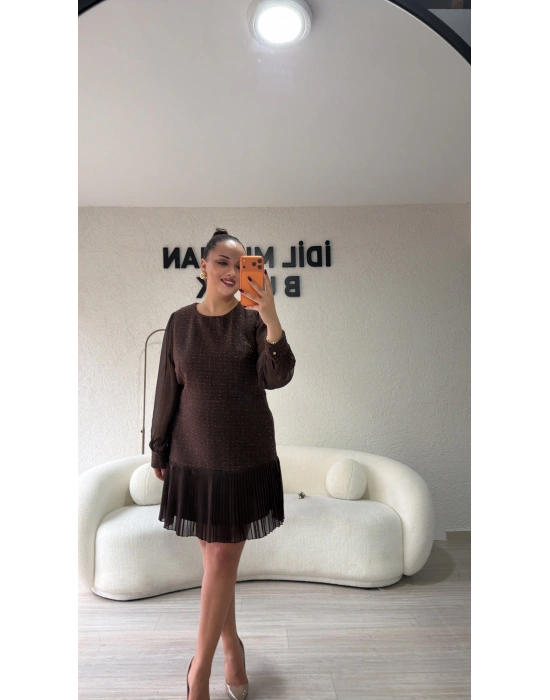 Kahverengi Sim Dokulu Piliseli Elbise