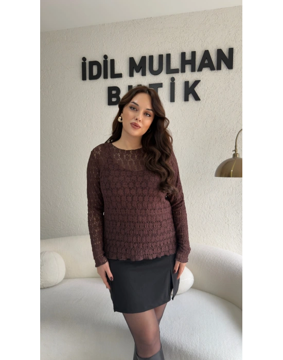Kahverengi Transparan Dantel Bluz