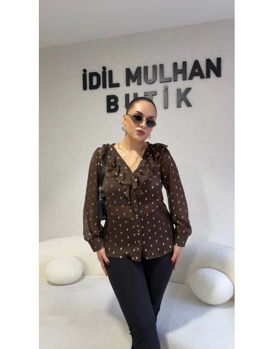 Kahverengi Volanlı Gold Varaklı Bluz
