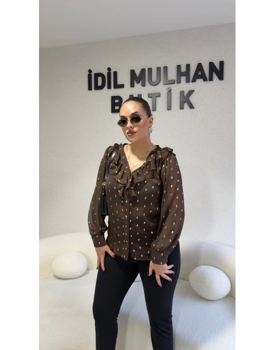Kahverengi Volanlı Gold Varaklı Bluz