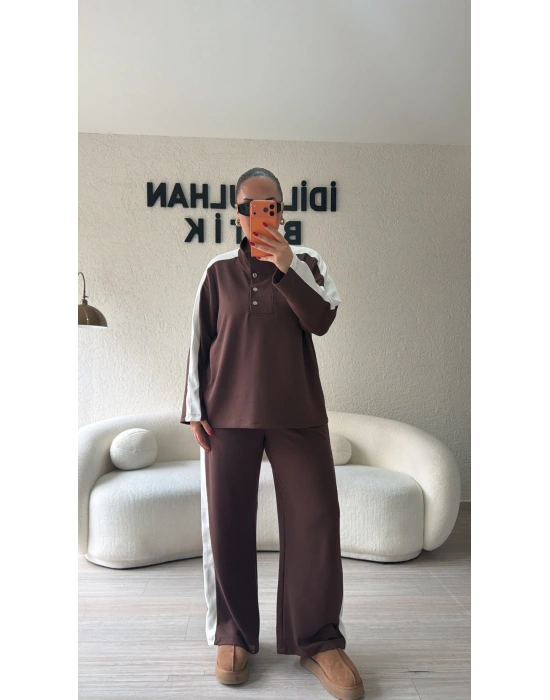 Kahverengi Yaka Düğmeli Çizgili Takım