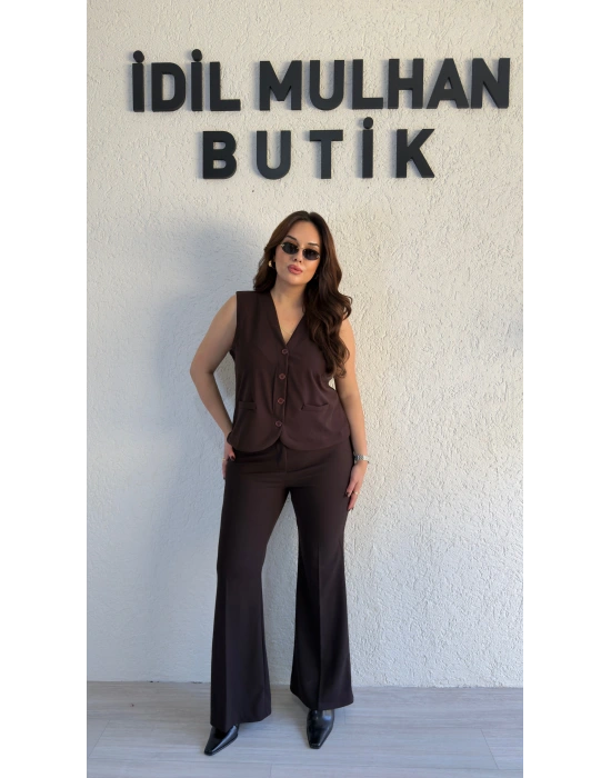 Kahverengi Yüksek Bel İspanyol Paça Pantolon