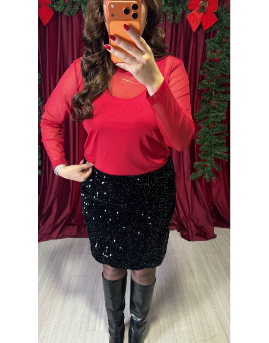 Kırmızı İkili Tül Bluz