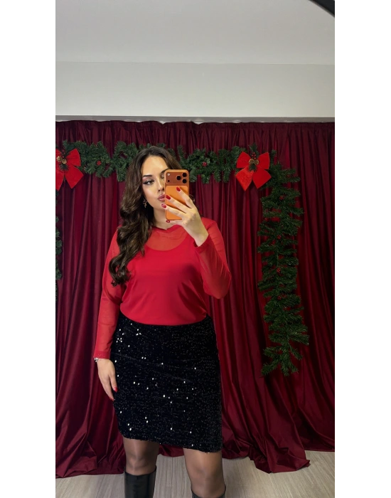 Kırmızı İkili Tül Bluz