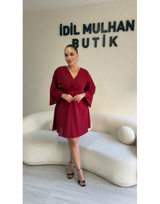Kırmızı Krep Kumaş Düğüm Detaylı Elbise