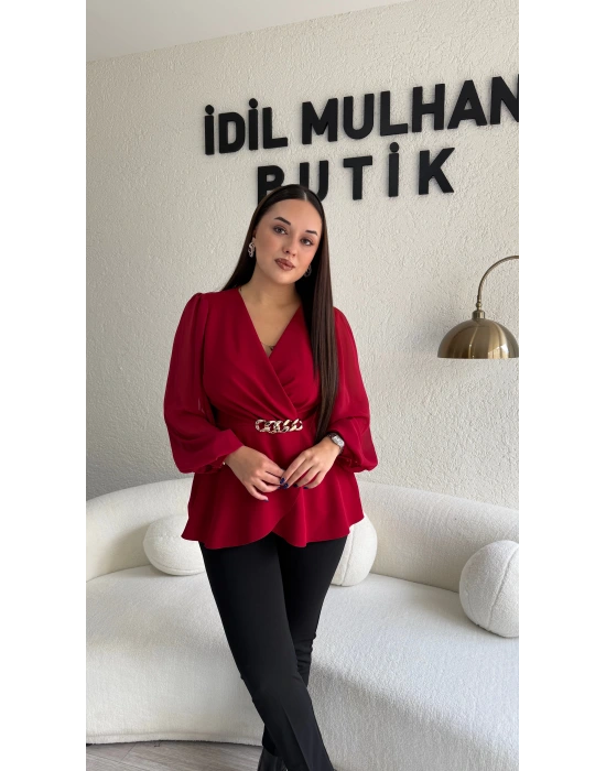 Kırmızı Kruvaze Yaka Şifon Kollu Bluz
