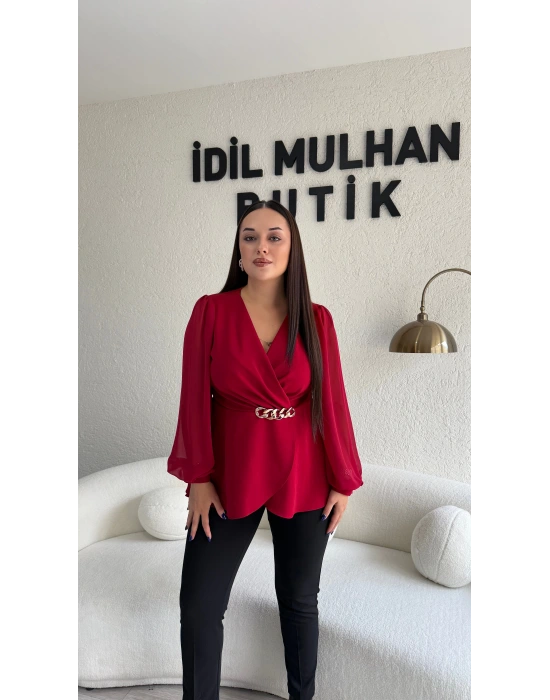 Kırmızı Kruvaze Yaka Şifon Kollu Bluz