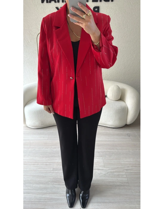 Kırmızı Premium Taş Detaylı Blazer Ceket