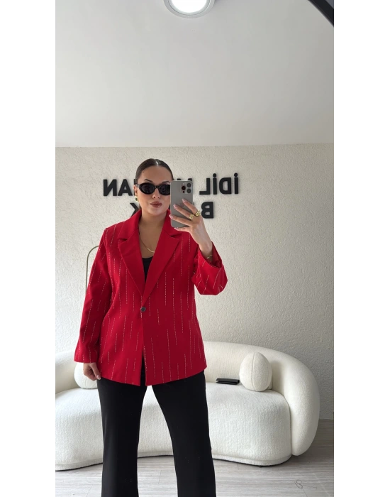 Kırmızı Premium Taş Detaylı Blazer Ceket