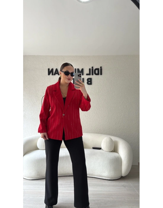 Kırmızı Premium Taş Detaylı Blazer Ceket