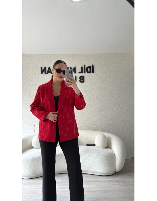 Kırmızı Premium Taş Detaylı Blazer Ceket
