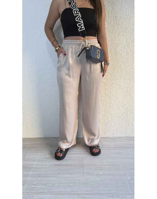 Krem Beli Lastikli Saten Pantolon