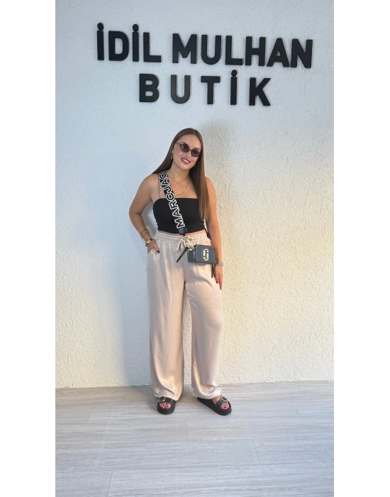 Krem Beli Lastikli Saten Pantolon