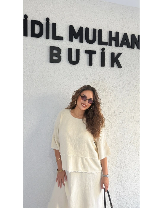 Krem Bluzlu Pamuk Keten Elbise
