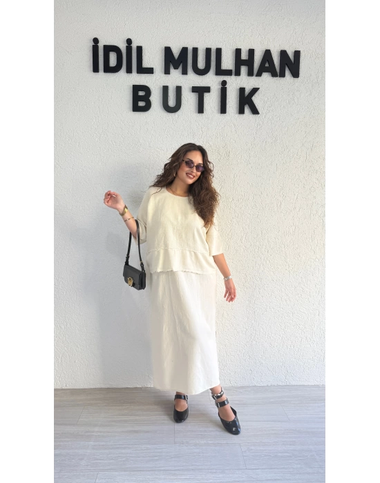 Krem Bluzlu Pamuk Keten Elbise