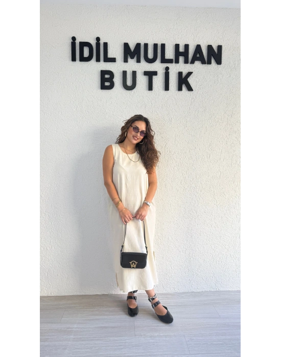 Krem Bluzlu Pamuk Keten Elbise