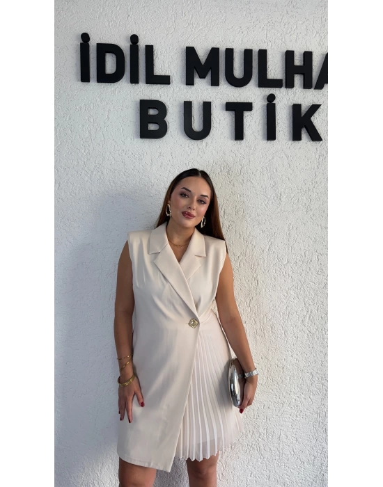 Krem Kruvaze Yaka Gold Düğme Detaylı Abiye