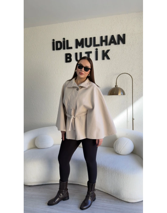 Krem Oversize Kaşe Kuşaklı Panço